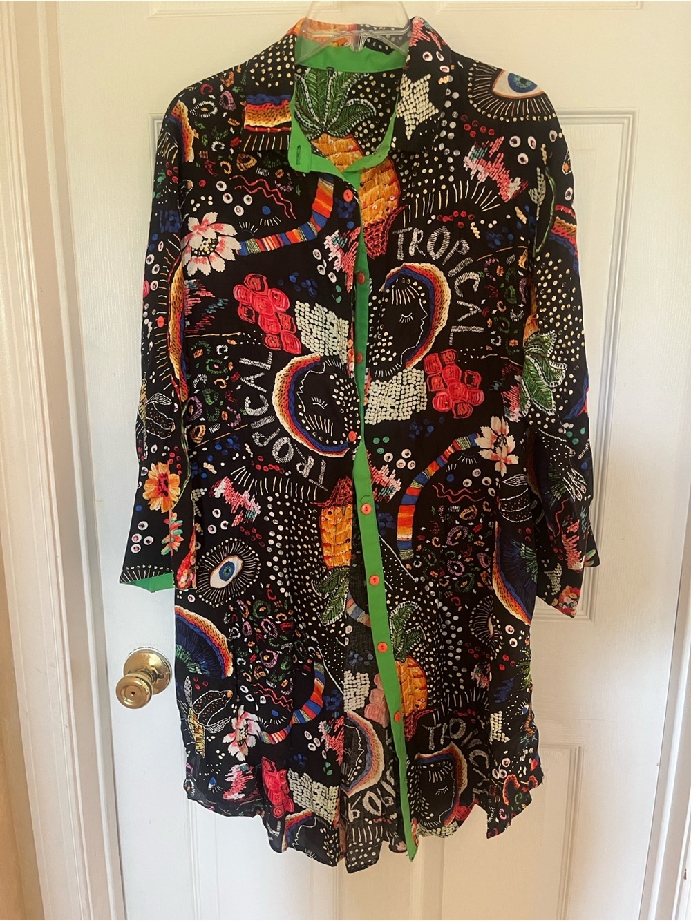 FARM Rio Black Multicolor Button-Front Tunic/dress with Green Trim- Large